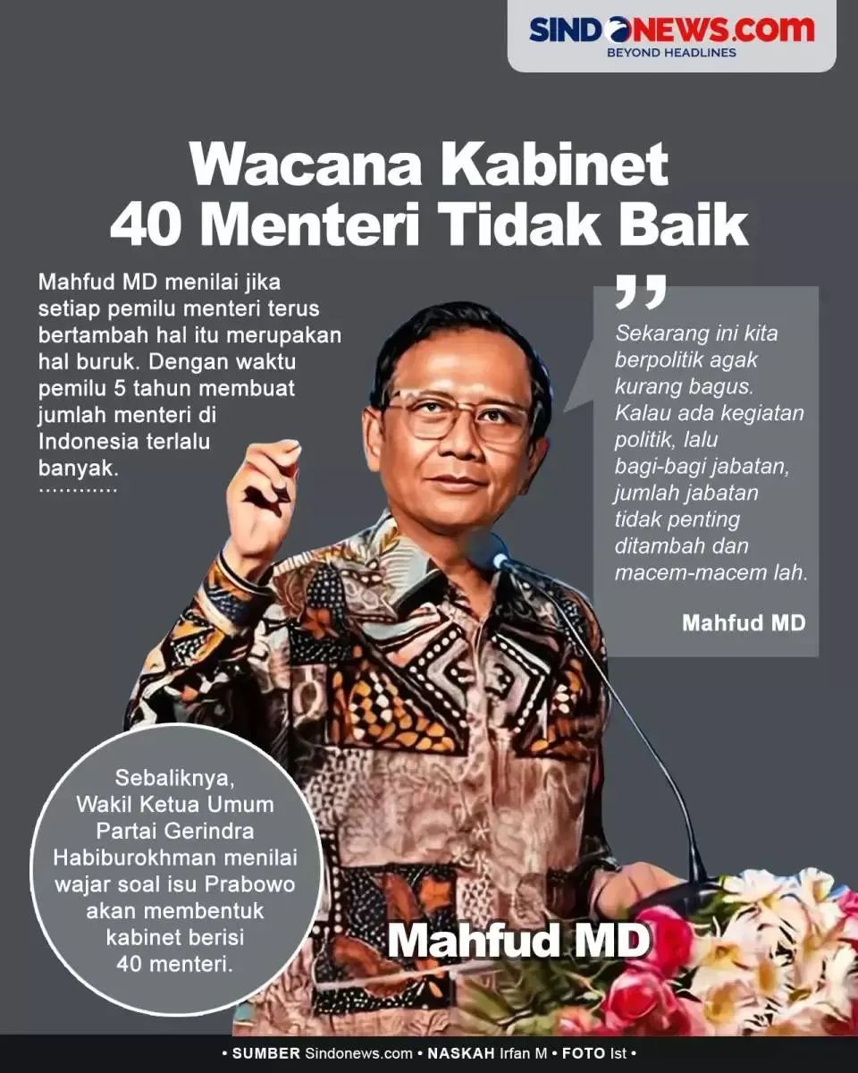 Cawapres nomor urut 3 pada Pilpres 2024, Mahfud MD angkat bicara perihal wacana Presiden terpilih 2024-2029 Prabowo Subianto akan membentuk kabinet berisi 40 menteri . Isu tersebut merupakan hal yang tidak baik... instagram.com/p/C6tLA1jpvf8