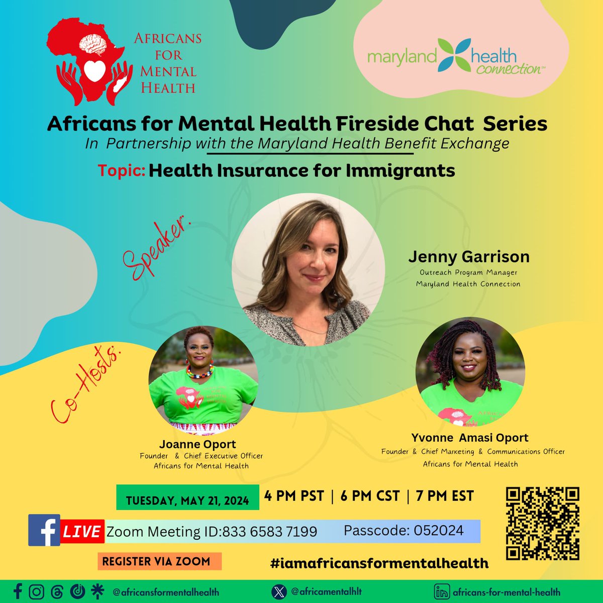 May is #MentalHealthAwarenessMonth , Join @Africamentalhlt Fireside Chat Series In partnership with @MarylandConnect about Health Insurance for Immigrants on Tuesday, May 21, 2024 on Zoom us06web.zoom.us/meeting/regist… #iamafricansformentalhealth #MentalHealthAwareness #Immigrants