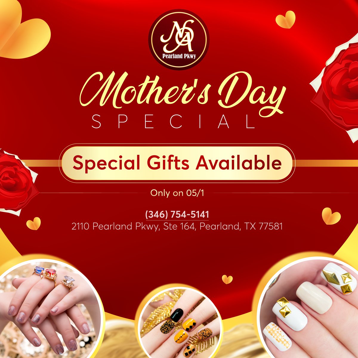 🎁 This Mother's Day, spoil your Moms with our exclusive offer at Nails Of America Pearland! 
Book your appointment now! 🌟💝

#nailsofamerica #nailsofamericapearland #nailsalonspearland #MothersDay2024 #mothersdaygift #gift