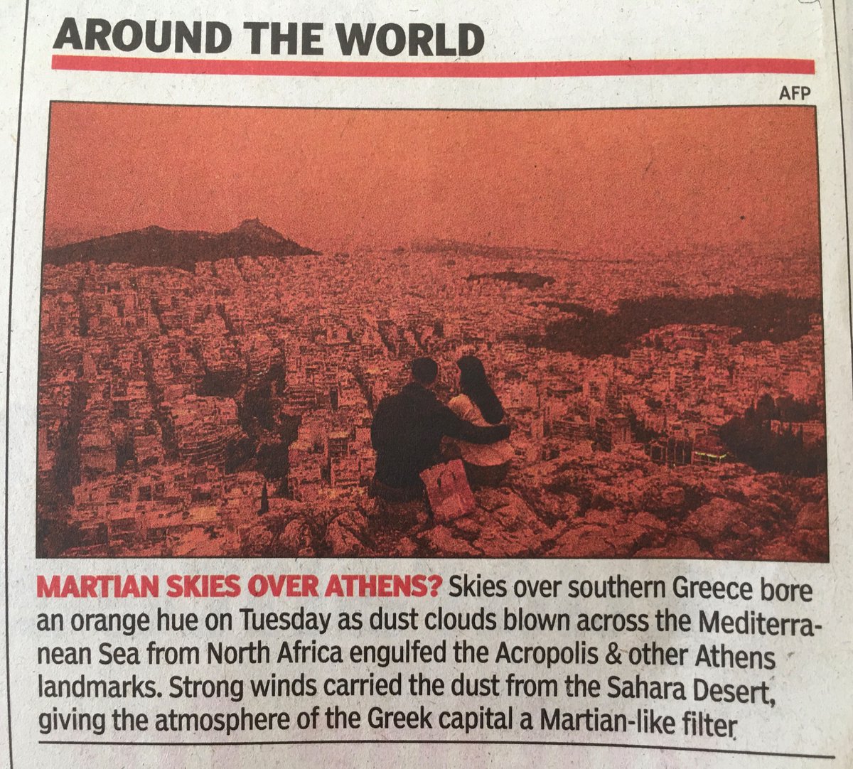 When the dust from the Sahara Desert reached Greece’s atmosphere-

#NoFilter 

More common in the future? 
Signs of times to come & lesson of nature?
#FutureTense

PC: @timesofindia 2 weeks ago- Apr 25 ‘24