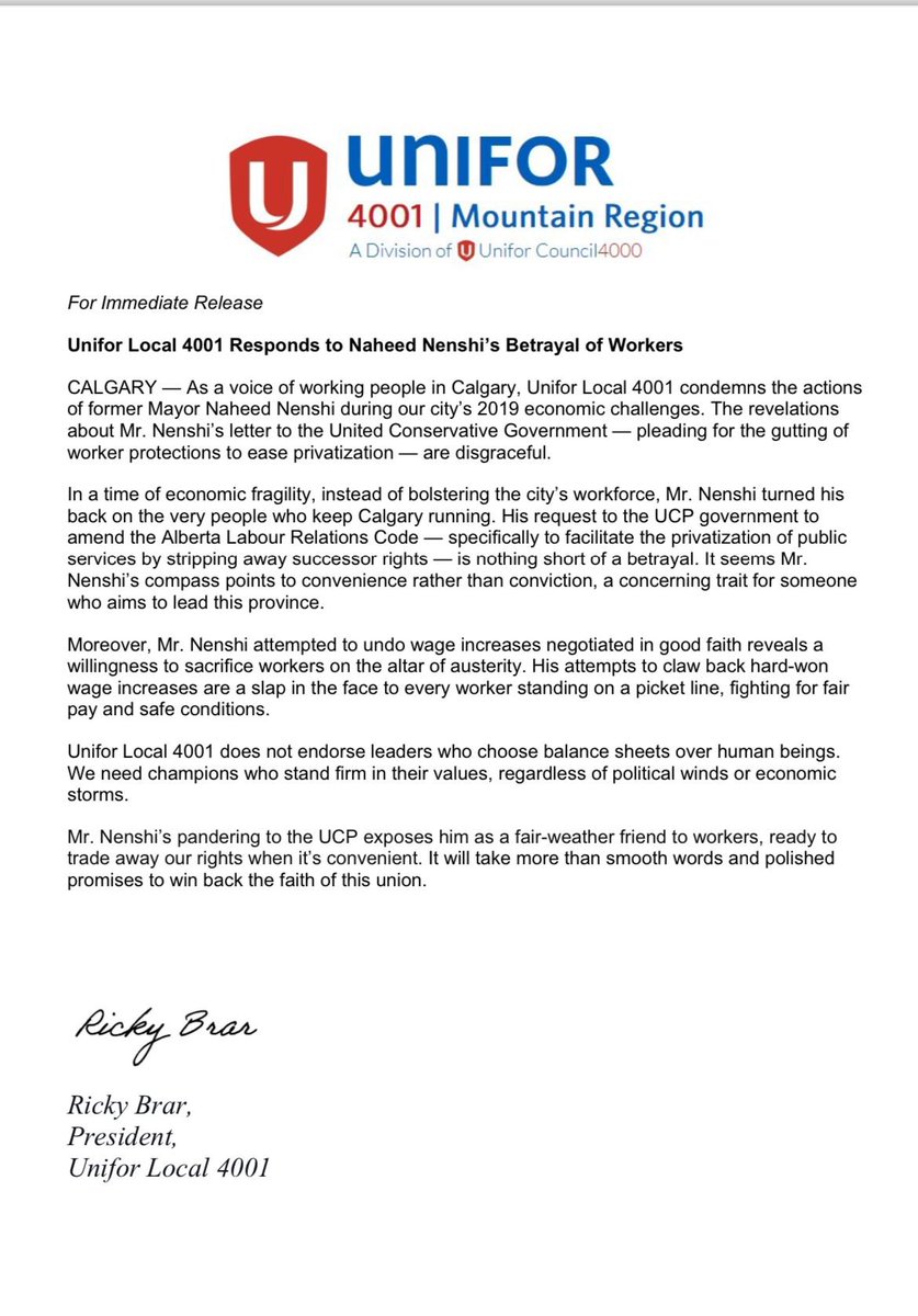 Important letter from Unifor Local 4001. 

This matter deserves an apology and an explanation, especially when the person in question is running to lead a party that supports workers, their rights and wages. 

#ableg #yyc #yeg