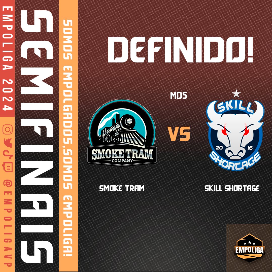 CONFRONTO DEFINIDO!

Já temos uma semifinal!

<a href="/smoketram/">Smoke Tram</a> e <a href="/skillshortageof/">Skill Shortage Oficial</a> já garantiram vaga no Top 4 e com isso vão participar do #CircuitoVP no fim do split, mas agora o alvo é o caneco da #TradA!

Confronto marcado para a próxima segunda, dia 13/05. as 19h!

Quem vai vencer?