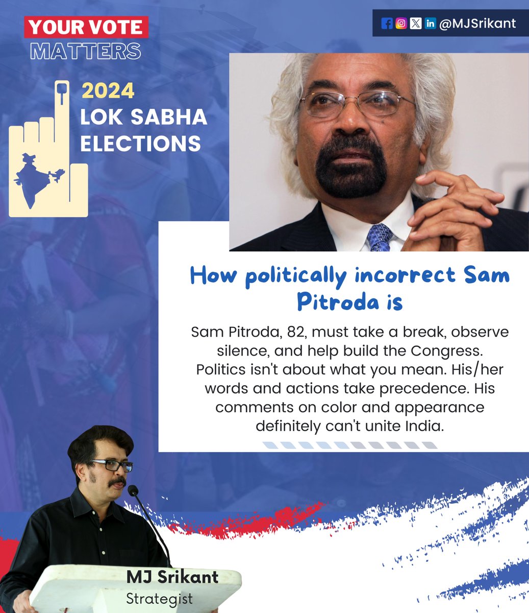 MJSrikant's tweet image. How politically incorrect Sam Pitroda is! 

#SamPitroda #PoliticallyIncorrect #ObservingSilence #CongressRebuild #PoliticsMeaning #WordsActions #UnityIndia #ColorAppearance