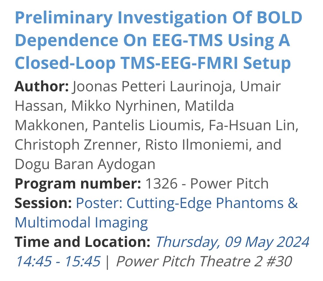 🧠 If you want to see something unique in #ISMRM24, don't miss out @jlaurinoja's work today on TMS-EEG-fMRI 👇