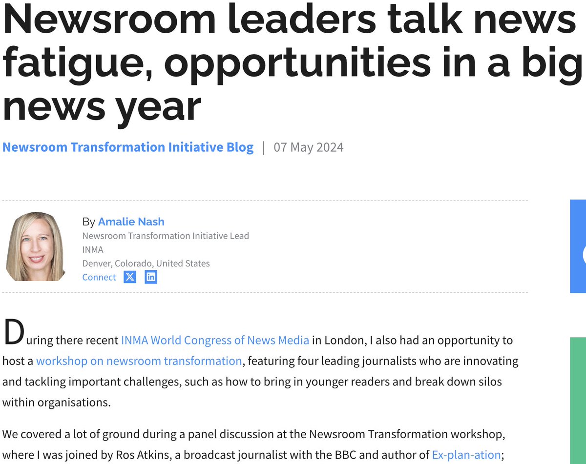 During #INMA2024, attendees listed newsroom transformation as the No. 2 topic they wanted covered at the conference. Newsroom Transformation Initiative Lead @amalienash shares a few key takeaways on the topic from the week in London. ow.ly/oiiy50Rz7jr