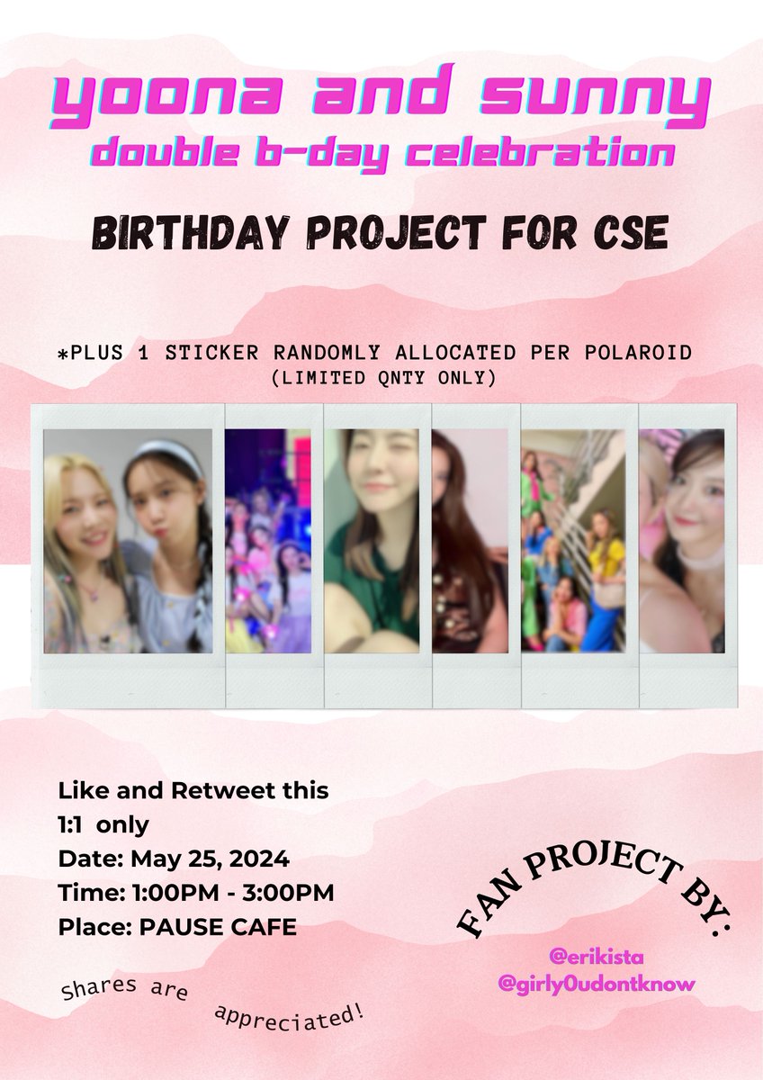 A birthday fan support project by @girly0udontknow and @erikista 🥰 We're giving away polaroids for the attendees of the CSE! We have YOONA, SUNNY, SUGAR SISTERS and OT8 polaroids for everyone 🥹😍 We're also giving away a limited number of stickers ☺️ Please like and retweet…