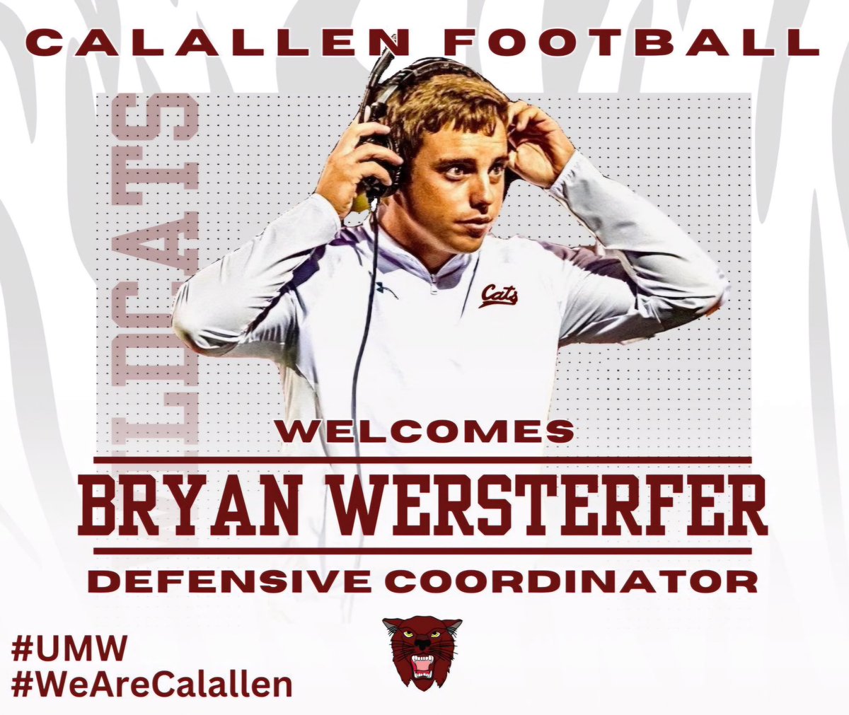 Excited to introduce our new defensive coordinator to Calallen! Wildcats, please welcome Coach Bryan Wersterfer 🐾
✅ 2023 State Finalist
✅ Top 5 Defense 5A Div 1
✅ Former College Triathlete 
✅ South Texas Native