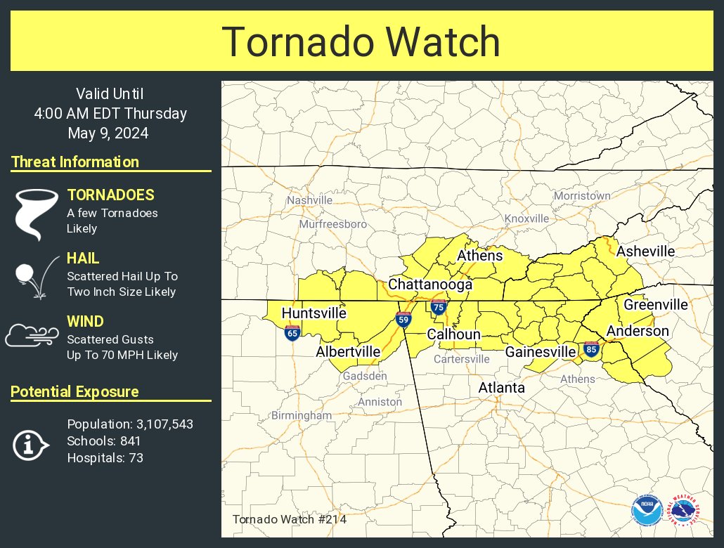 A tornado watch has been issued for parts of Alabama, Georgia, North Carolina, South Carolina and Tennessee until 4 AM EDT