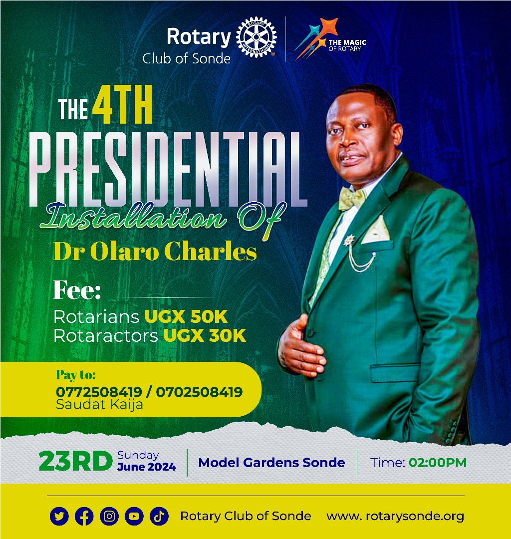 📢 Exciting news! Join us on June 23, 2024, at 2pm at Model Gardens, Sonde for the installation of RC Sonde's 4th president. Admission: Guests & Rotarians UGX 50,000, Rotaracts UGX 30,000. Let's celebrate this new chapter together! #SondeUpdates