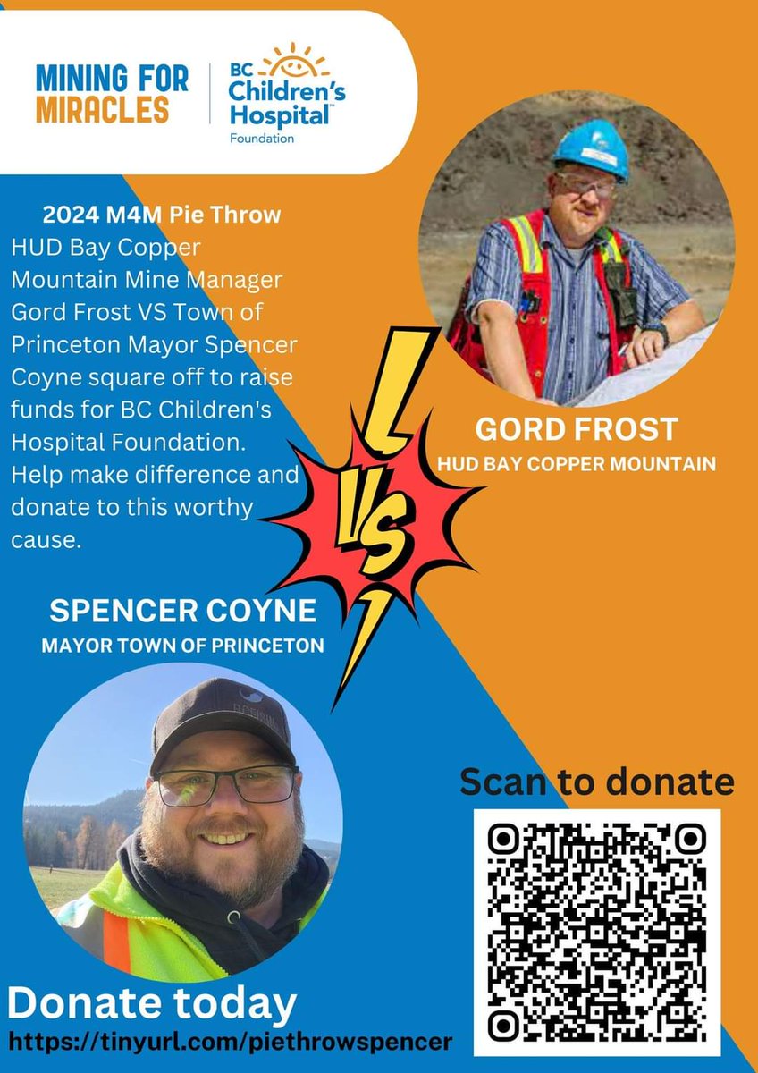 Join me in making a difference. I accepted the challenge to participate in #mining4miracles against Copper Mountain Mine. In this friendly competition, we are raising funds for @BCCHF. Help me raise funds for such a worthy cause. tinyurl.com/piethrowspencer