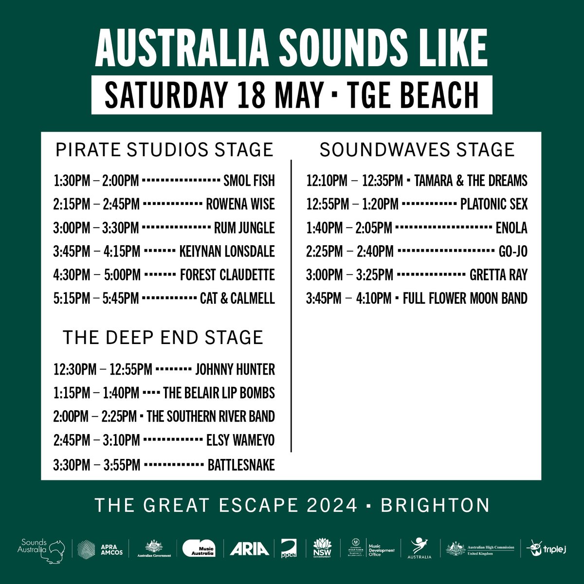 Sounds Australia (@soundsaustralia) on Twitter photo Here are the set times for our showcases at the <a href="/TheGreatEscape/">The Great Escape</a> Festival in Brighton next week, presented in partnership with Tourism Australia and the Australian High Commission UK. More info at soundsaustralia.com.au/tge2024 Here are the set times for our showcases at the <a href="/TheGreatEscape/">The Great Escape</a> Festival in Brighton next week, presented in partnership with Tourism Australia and the Australian High Commission UK. More info at soundsaustralia.com.au/tge2024