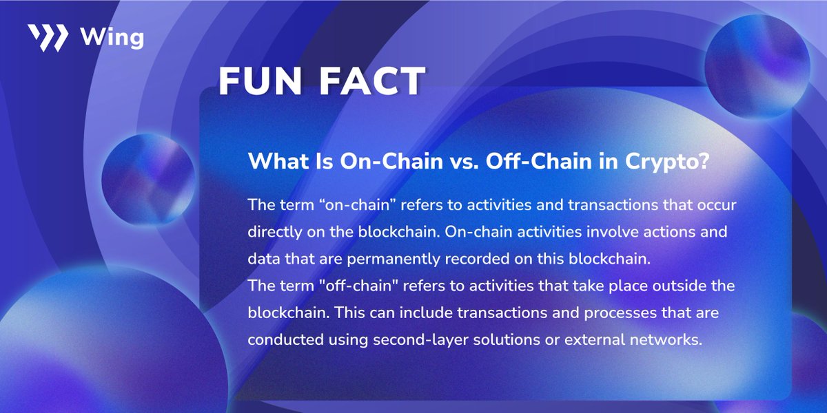 While on-chain activities occur directly on the blockchain, off-chain activities are outside the blockchain🔄 On-chain transactions are secure, while off-chain solutions are faster, more scalable, and cost-saving🌍 Check today's fun fact to learn more🙌 wing.finance