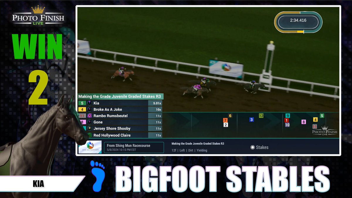 The Boy Named Sue legacy continues on @photofinishgame 

2 wins in 2 tries , including this wire to wire clinic on 'Making The Grade' with @Taco33433 

ONE DAY we will take this bloodline to the VKD 

Signup and get your FREE trainer horse 
signup.photofinish.live