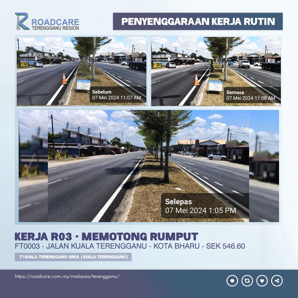 🚧 Kerja Penyenggaraan Rutin R03 - Memotong Rumput.

7 Mei | Kerja R03 di FT0003 Sek. 546.60 di daerah #KualaTerengganu disenggarakan oleh #teamroadcare bagi keselesaan pengguna Jalan Persekutuan.

#InfoJKR #InfoKKR

@MOWorks @CSFJ_JKR @JKR_KT  @Roadcare_HQ  @ElizaSufinahJKR

📷;