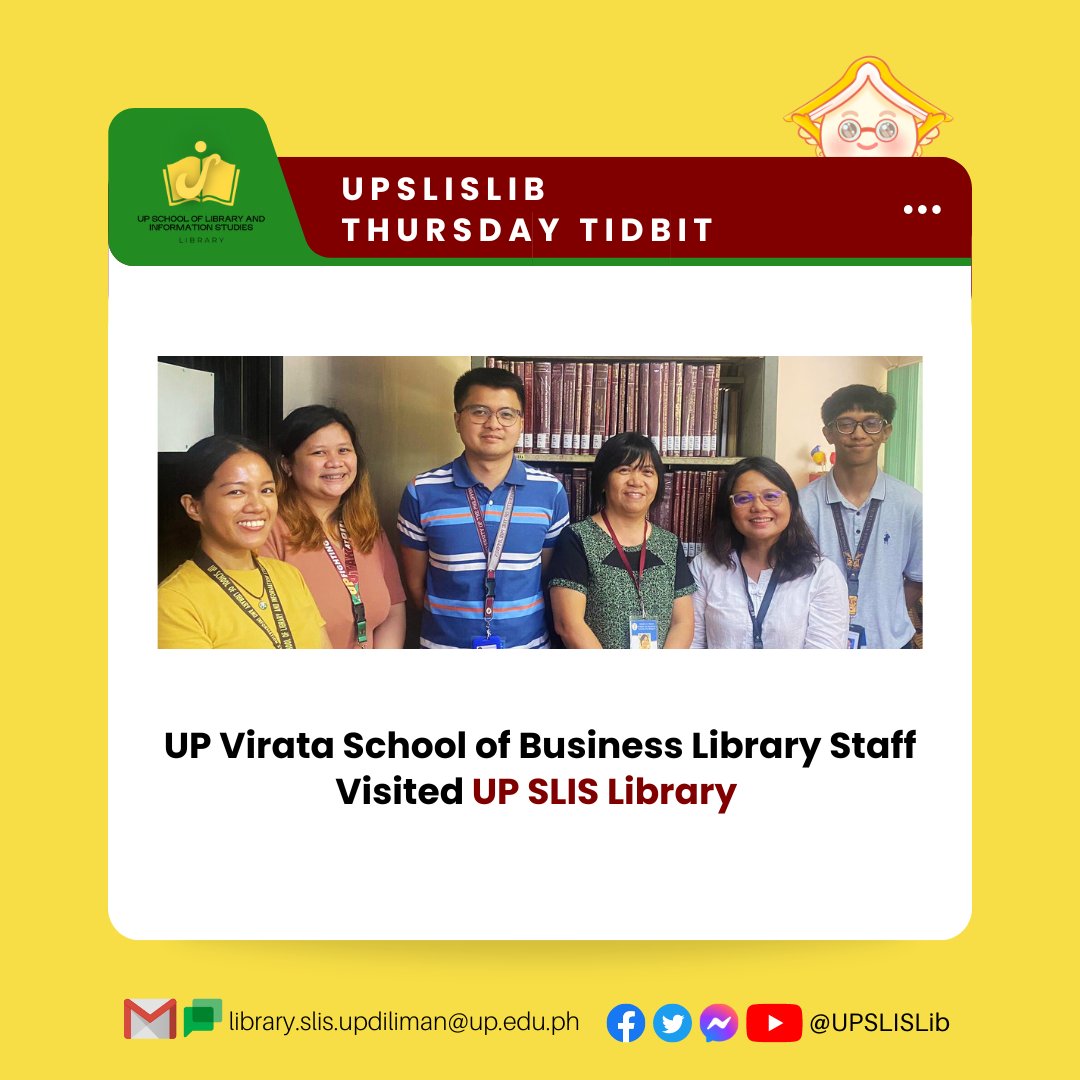 Sister Wilma, an alumna of UP SLIS who had been stationed in Italy, visited the library temporary location Also, Ma'am Corazon G. Gamboa and staff from the UP VSB Library visited to check the LUKE system developed by one our past interns.
#SLISLibGanap #SLISLib24K #ThursdayTidbit