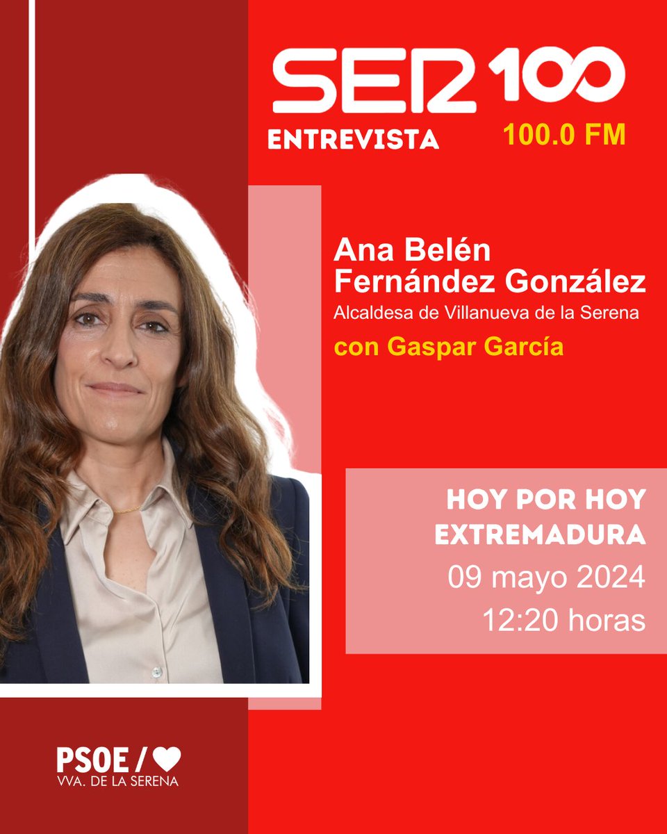 Jueves 9 de mayo, a partir de las 12:20 horas en #HoyPorHoyExtremadura, @anabelenfergonz haciendo repaso de su primer mes al frente de la alcaldía de @aytovvaserena. 📻 Escúchalo en el 100.0 FM. 📱 cadenaser.com/radio-extremad… @SERextremadura