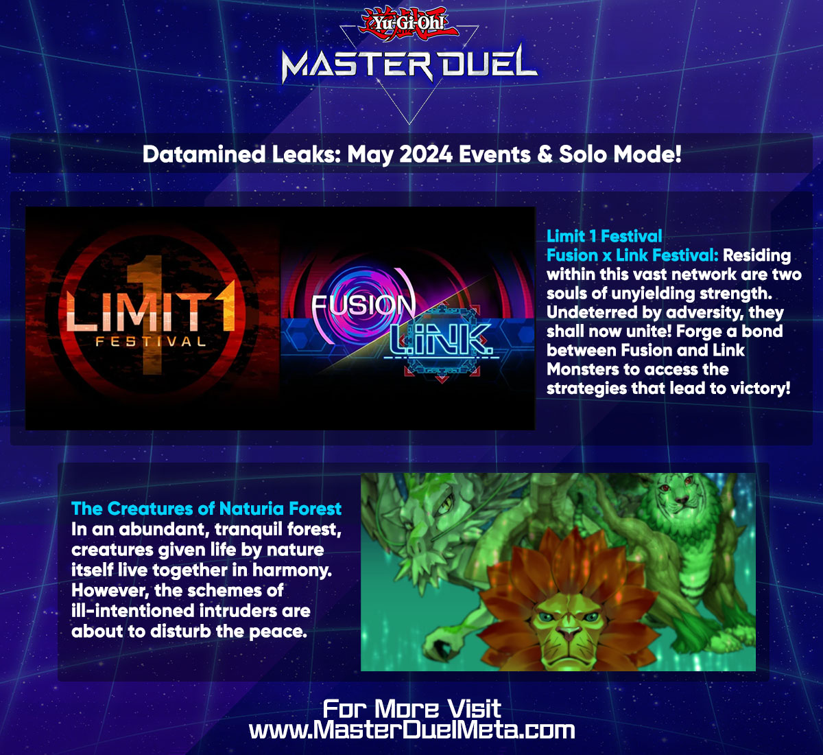 DATAMINED LEAKS: May's Events for Master Duel include the return of the Limit 1 Festival, a Fusion x Link Festival Hybrid and a new Solo Mode for Naturia! More Leaks: masterduelmeta.com/articles/news/… #MasterDuel #YuGiOh #YuGiOhMasterDuel #遊戯王マスターデュエル