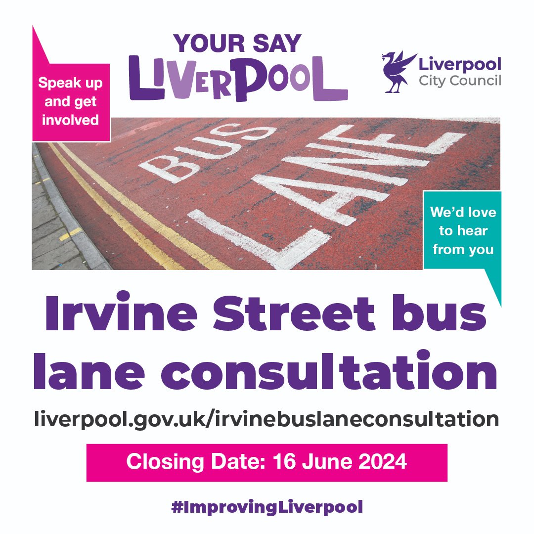 We've launched a consultation on proposals to introduce a #buslane on Irvine Street to Mount Vernon Road, by Paddington Village in #Liverpool city centre. #HaveYourSay at: liverpool.gov.uk/council/consul… The consultation ends Sunday, 16 June. #ImprovingLiverpool