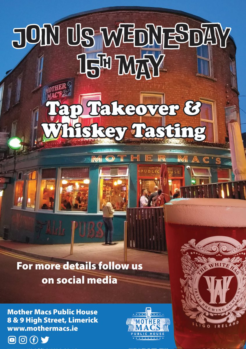Next Wednesday 15th May we will be joined by @TheWhiteHag for a tap takeover and whiskey tasting!!

More details in the coming days, please comment below if there is a particular beer you would like to see included. 

#taptakeover #Limerick #discoverirelandsbeer