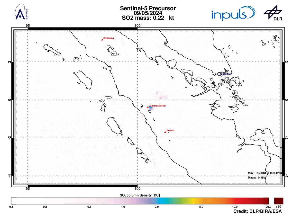 On 2024-05-09 #TROPOMI has detected an enhanced SO2 signal of 3.20DU at a distance of 1.8km to #GunungMarapi. Other nearby sources: #Kerinci. #DLR_inpuls @tropomi #S5p #Sentinel5p @DLR_en @BIRA_IASB @ESA_EO #SO2LH