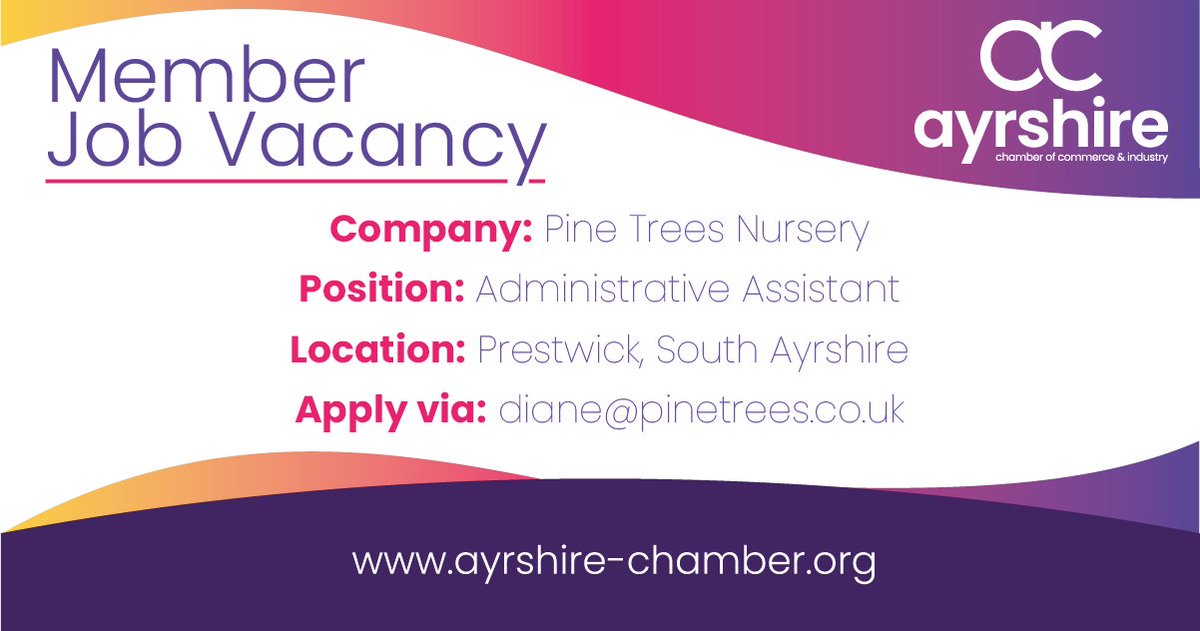 **Member Job Vacancy** Pine Trees Nursery are recruiting for an Administrative Assistant to join their team. 🌏 Prestwick, South Ayrshire To apply, or for further information, please email diane@pinetrees.co.uk #Ayrshire #JobsInScotland