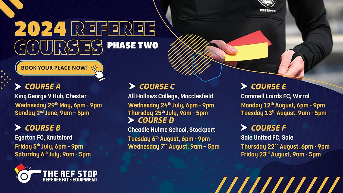 𝗚𝗲𝘁 𝗶𝗻𝘁𝗼 𝗿𝗲𝗳𝗲𝗿𝗲𝗲𝗶𝗻𝗴... #Cheshire FA is delighted to confirm dates and venues for our second phase of FA Referees Courses, taking place across the county between May and August. Visit the link for full details and to register interest. 👉 buff.ly/3d6iZ8u