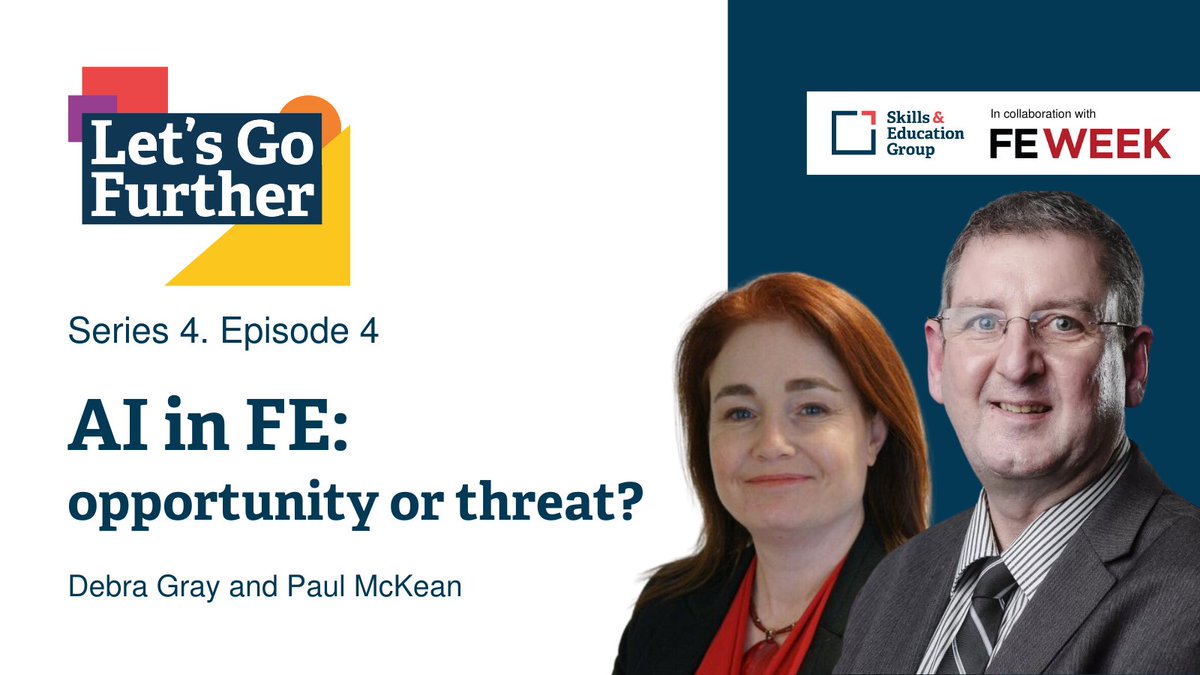 Should we celebrate the use of #AI in #FE or fear it? 

Join <a href="/ShaneChowen/">Shane Chowen</a>, <a href="/Deb_Gray_1/">Debra Gray MBE</a> and <a href="/EdtechMcKean/">Paul McKean #FE</a> to find out more in episode 4 of the Let’s Go Further podcast.

🔗 bit.ly/49UNWHf 

#LetsGoFurtherPod #FEWeek <a href="/FEWeek/">FE Week</a> #FurtherEducation #AI <a href="/hullcollegegrp/">Hull College</a> <a href="/JISC/">Jisc</a>