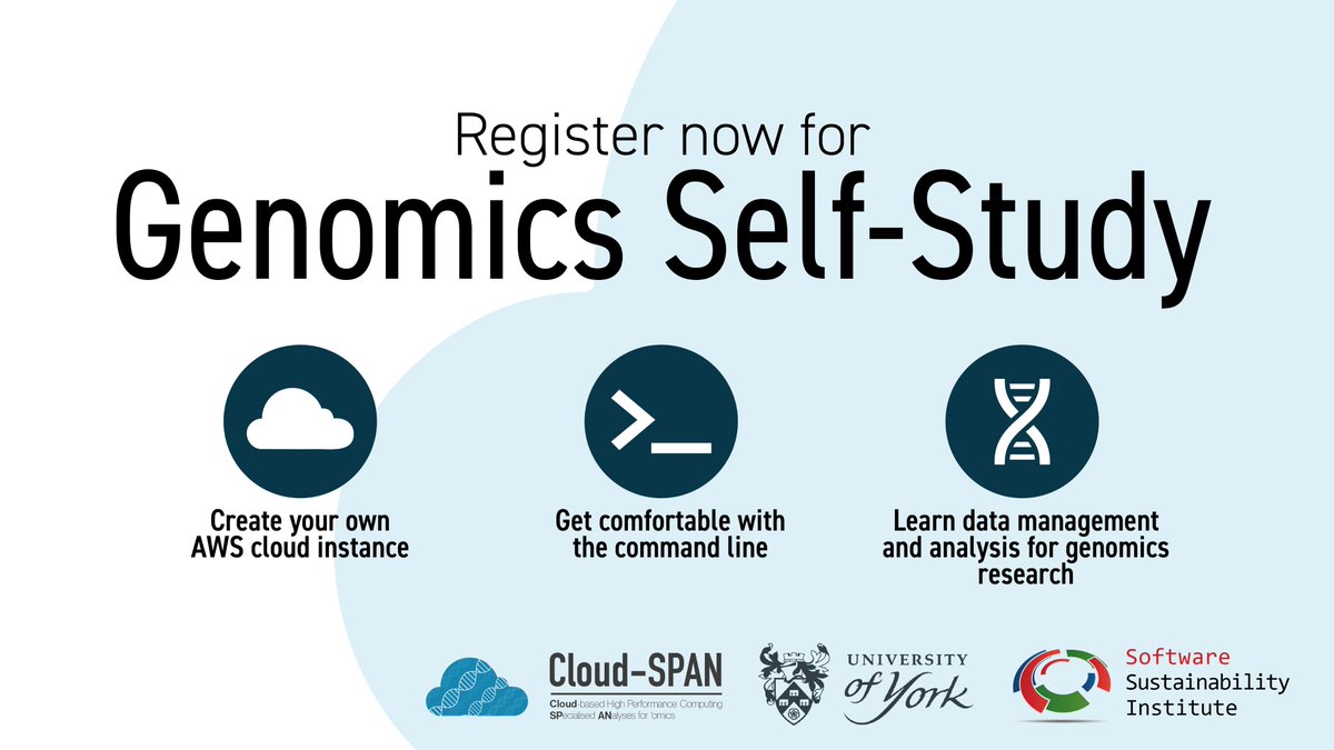 Sign up for our #free online training modules. Have the freedom to learn at your own pace! ⛅ Create your own #AWSinstance 💻 Prenomics - intro to the command line 🧬 Genomics 🌿 Metagenomics ®️ Core R More info cloud-span.york.ac.uk/self_study_cou… #OnlineLearning