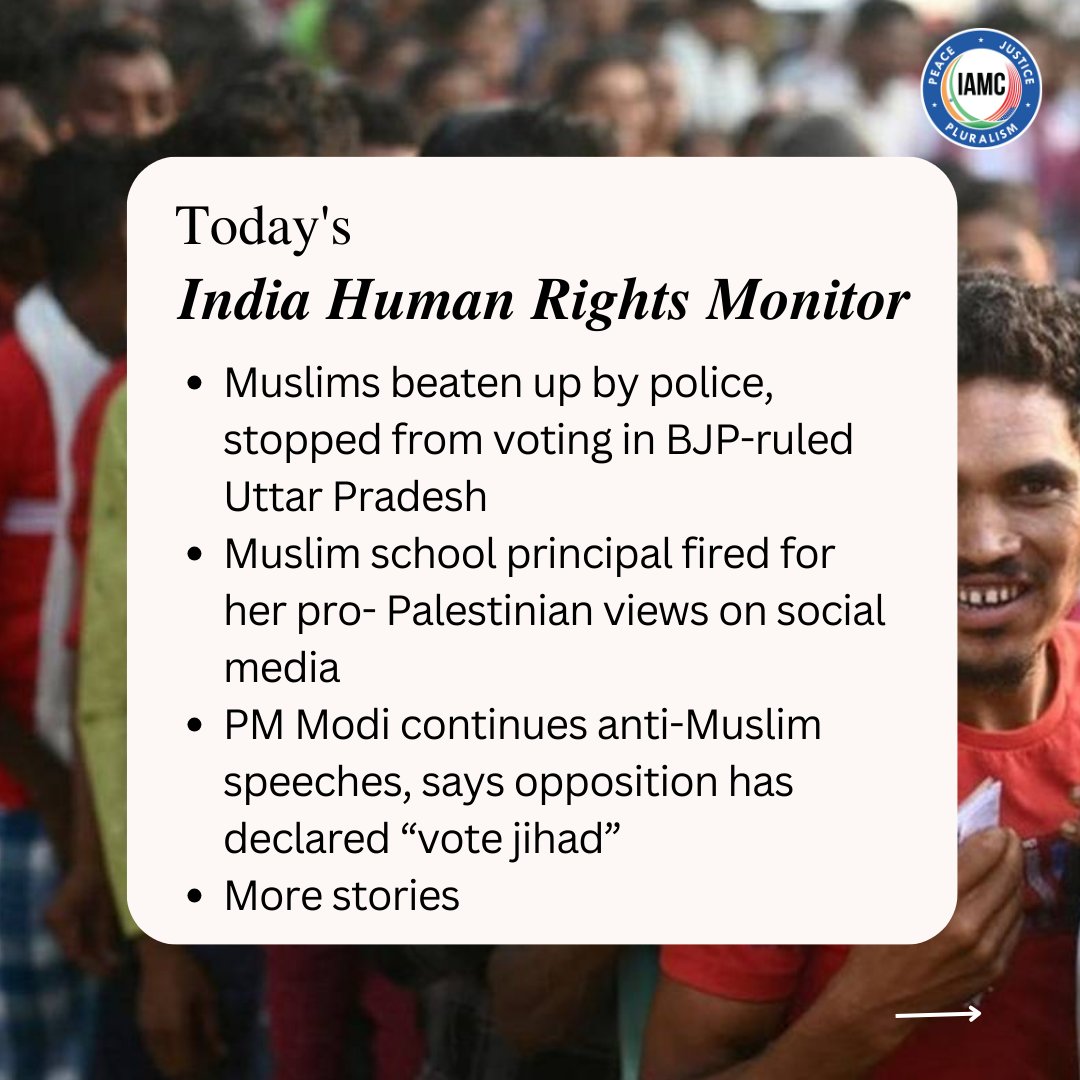 IAMC #indiahumanrightsmonitor

Read top 4 stories here: iamc.com/muslims-beaten…

#IndiaElections2024 #Modi #muslim #hatecrime #lovejihad #HinduExtremist #HinduSupremacist #BajrangDal #RSS #VHP #BJP #hate #hindunation #JaiSriRam #hindutva #hatespeech #VoteJihad