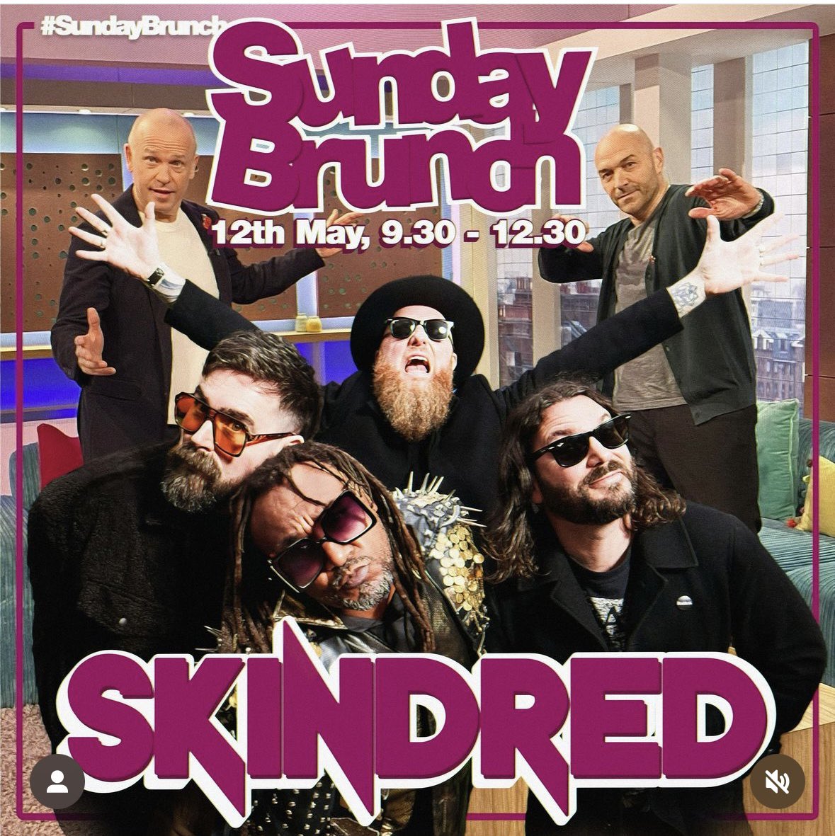 Tune in to @channel4 @sundaybrunchc4 this Sunday morning to catch the incredible @skindredmusic performing live / chatting on the sofa : food tasting etc across the whole 3 hour show! Tune in at 9.30am - 12.30pm this Sunday!! BOOM! 💥💥💥 @EaracheRecords @7pmmanagement