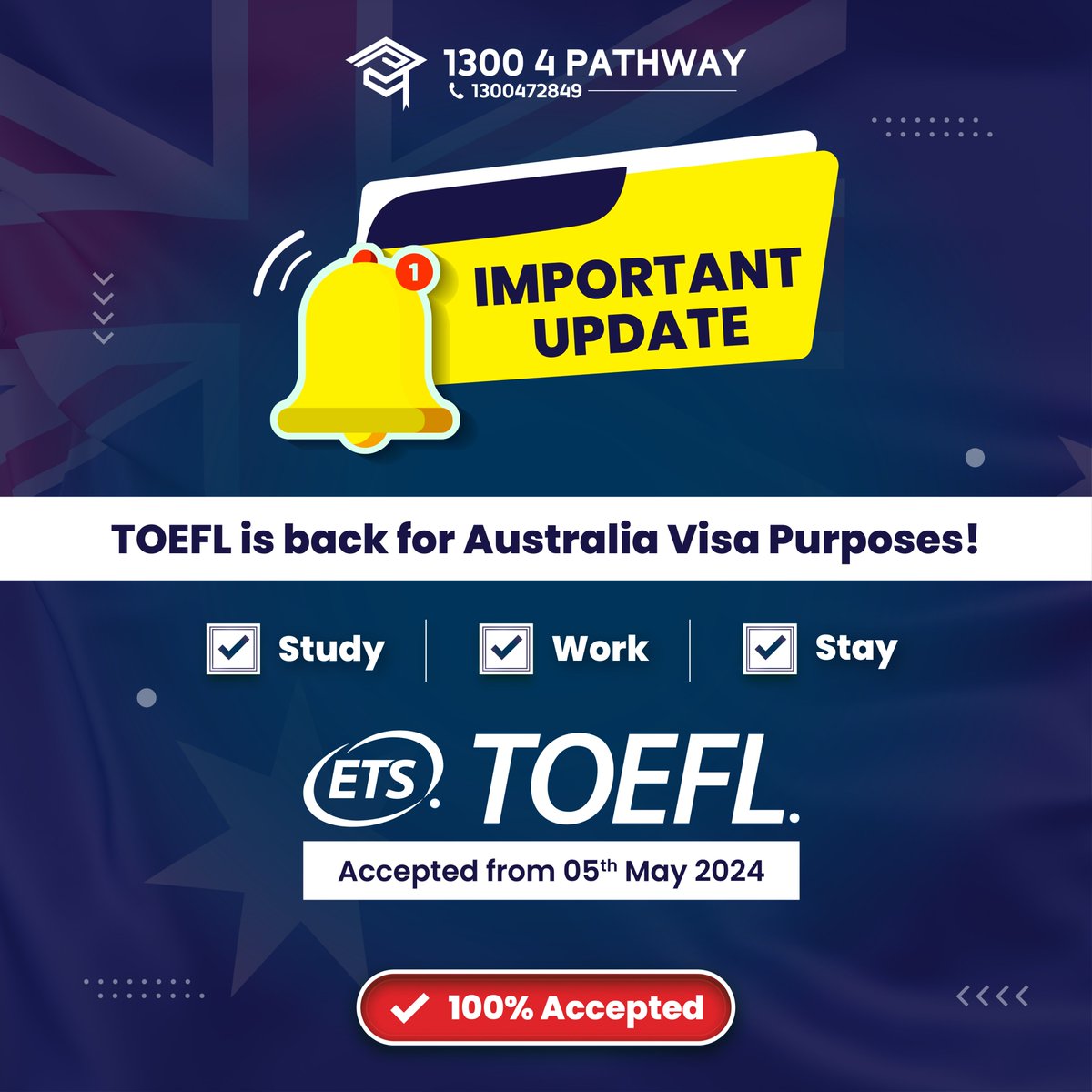 🚨IMPORTANT UPDATE 
🎓 TOEFL iBT Now Accepted for All Australian Visas!

Attention future students and professionals! The Australian visa process has just gotten smoother.

#toefl #australianvisa #visaprocess #exam #visatoaustralia #pathwayeducation