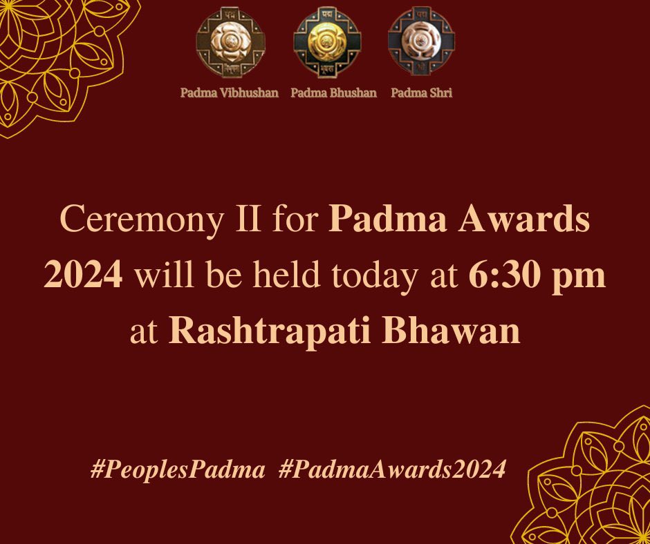 The 2nd phase of conferring #PadmaAwards at the hands of the President #Draupadi Murmu will be held at Rashtrapati Bhavan in New Delhi at 6.30 pm, today. Seven Awardees from Maharashtra will be conferred with these prestigious awards. #PadmaAwards2024