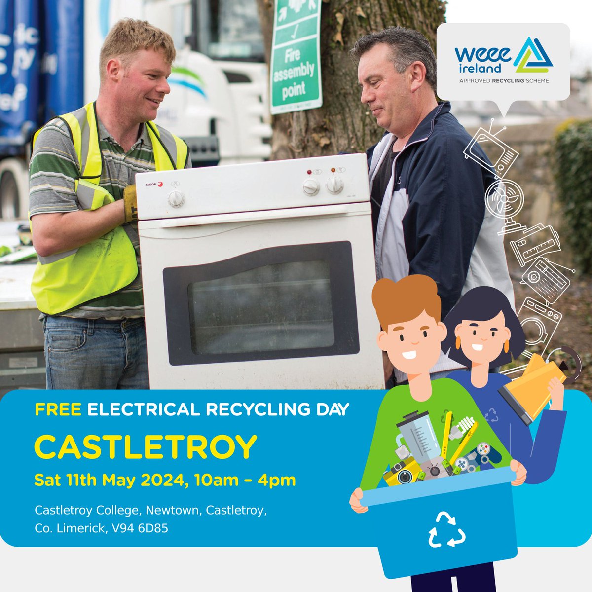 Your next FREE collection for all WEEE items is in Castletroy, County Limerick at the Castletroy College on Saturday, May 11, 2024 from 10am - 4pm!♻️ Recycle your #ewaste - WEEE recycle anything from your household with a plug or battery! Collection info:weeeireland.ie/household-recy…