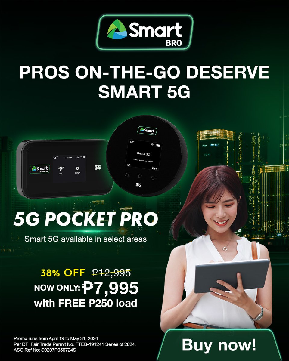 Pros like you deserve 5G data to keep you productive on-the-go. Work the Smart way with Smart 5G Pocket Pro. Purchase yours at the Smart Store today for only ₱7,995 + FREE ₱250 load.