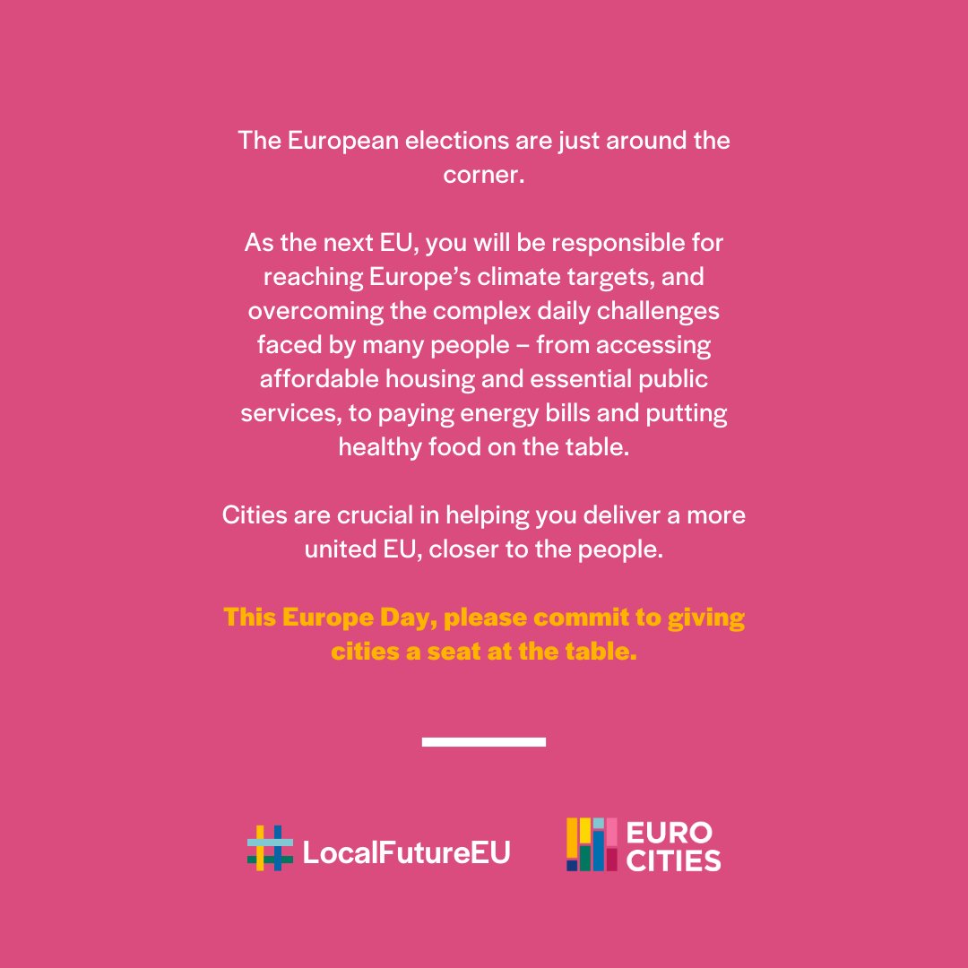 Happy #EuropeDay! 🇪🇺⭐🎉 Today, we’re thinking back to the EU’s founding values, and ahead to how they can best be achieved after the European elections. One thing is clear: a better Europe starts in cities! Do you agree? Leave a comment 💬 #LocalFutureEU #EUElections2024