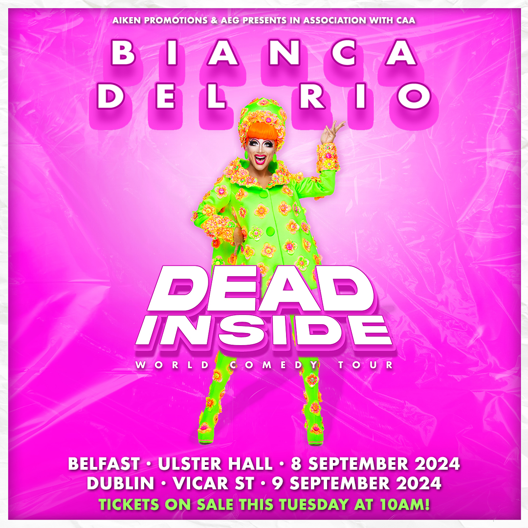 ✨Comedy queen and RuPaul’s Drag Race champion @TheBiancaDelRio announces her new stand-up comedy tour, 'Dead Inside' in @UlsterHall, Belfast on 8 September followed by @Vicar_Street in Dublin on 9 September 2024 🎫 Tickets go on sale Tuesday at 10am bit.ly/4bxHCqB