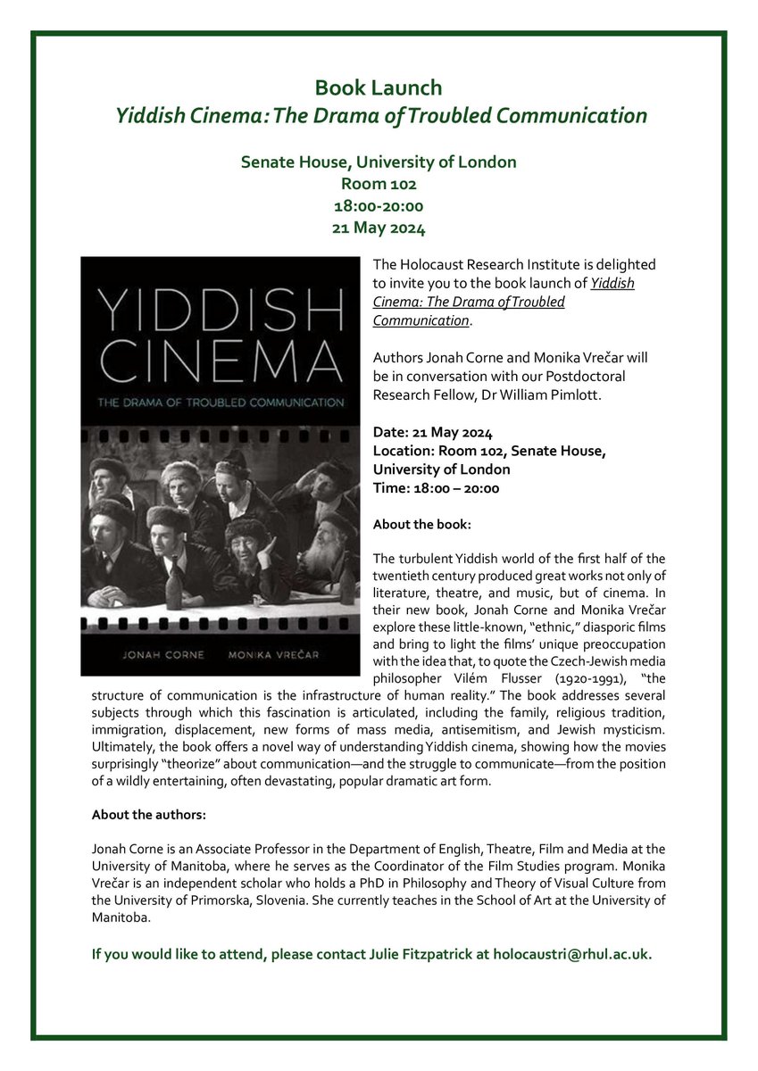 The HRI is delighted to invite you to the book launch of 'Yiddish Cinema: The Drama of Troubled Communication'. Authors Jonah Corne and Monika Vrečar will be in conversation with our Postdoctoral Research Fellow, Dr William Pimlott.