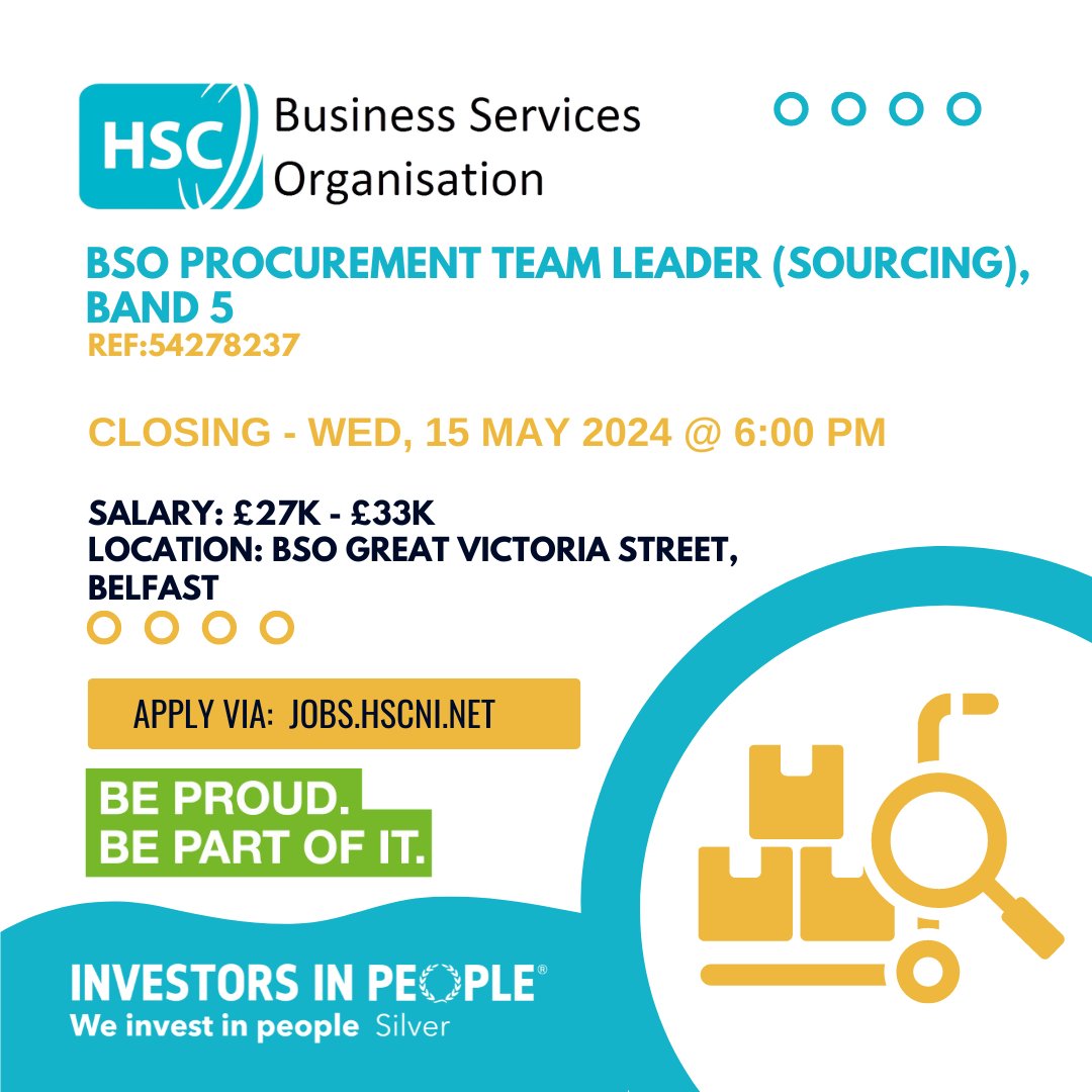@BSO_NI Procurement Team Leader (Sourcing), Band 5 Location: BSO Great Victoria Street, Belfast Salary: £27k - £33k Closing Date: Wed, 15 May 2024 @ 6:00 PM For more information and to apply: jobs.hscni.net/Job/34710/bsop… #BSO #hscjobs #hscni #PaLS #procurement #Belfast #NIjobs