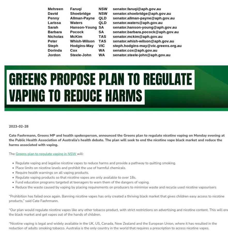 From Greens 2023. Hard to believe Greens Senators could support vape bill on 24 June after publishing this <a href="/theofoukkare/">Theo Foukkare</a> <a href="/ColinMendelsohn/">Dr Colin Mendelsohn</a> <a href="/LivePippas/">𝙿𝚒𝚙𝚙𝚊’𝚜 𝙻𝚒𝚟𝚎</a> <a href="/LegaliseVaping/">Legalise Vaping Australia</a> <a href="/drjoesDIYhealth/">Dr Joe</a>