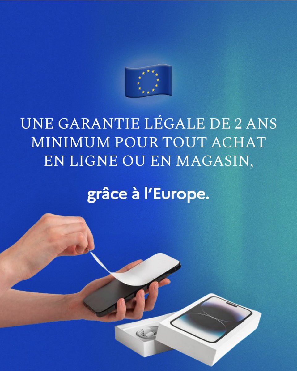 L’Europe c’est aussi le renforcement de la protection des consommateurs et de leurs droits 🇫🇷🇪🇺 Parmi tant d’autres mesures, c’est grâce à l’Europe que tous vos achats en ligne ou en magasin sont garantis pendant 2 ans.
