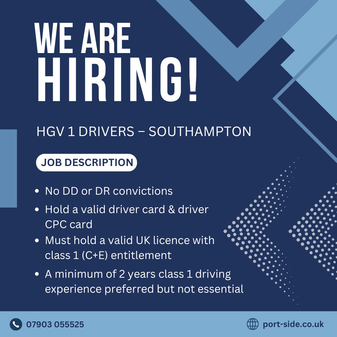 Do you want a job in Logistics because we are seeking HGV 1 Drivers in Southampton. 

07903 055525
info@port-side.co.uk
Port-side.co.uk 

#HiringSuccess #CareerAdvancement #ElevateYourTeam
#LogisticsProfessionals #teamportside #portsidesolutions #hgv #hgvdrivers #drivers