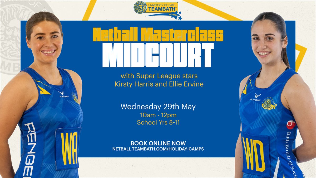 Spring into action with our #MayHalfTerm Midcourt #Masterclass 👏

Join Super League stars Kirsty Harris and Ellie Ervine for a lesson in the art of #midcourt mastery 👌

Book Now 🎉
netball.teambath.com/holiday-camps/

#HalfTerm #Netball #HolidayActivities #Midcourt #SchoolHolidays