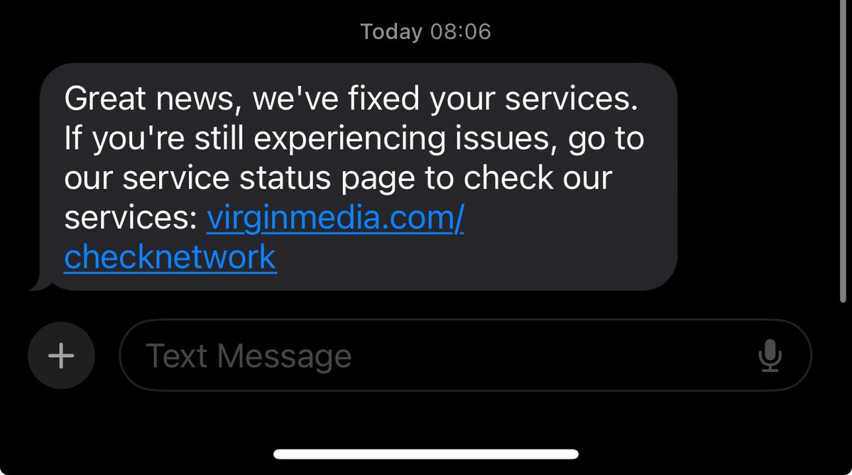 @virginmedia my broadband went down last night and received a text this morning  saying it was fixed but it isn’t