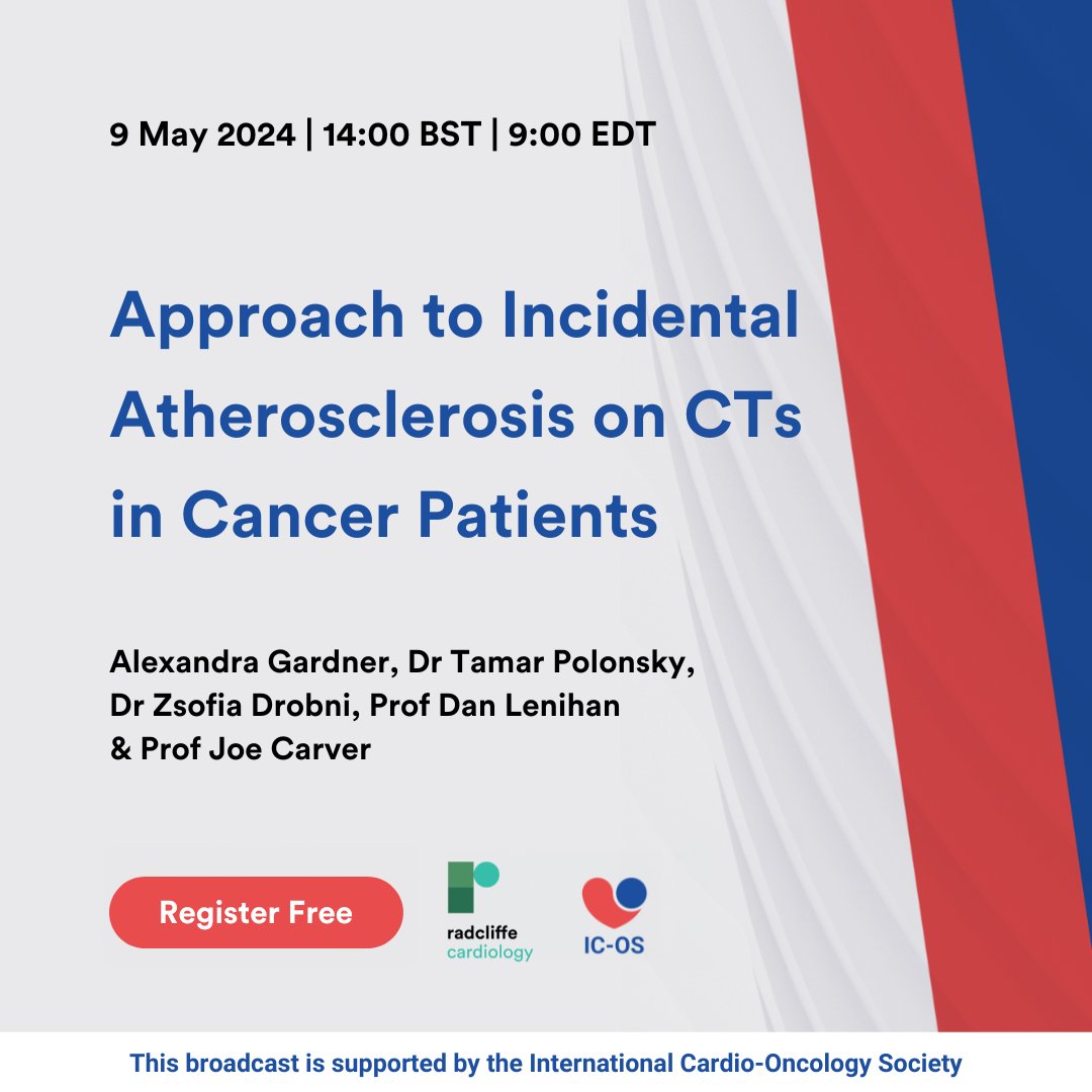 LAST CHANCE to register ⚠️ Approach to Incidental Atherosclerosis on CTs in Cancer Patients 🔗 ow.ly/kEGg50Ryzwj Join #CardioOnc experts today to explore diagnostic strategies & potential interventions for addressing this threat in the journey of cancer care. @ICOSociety