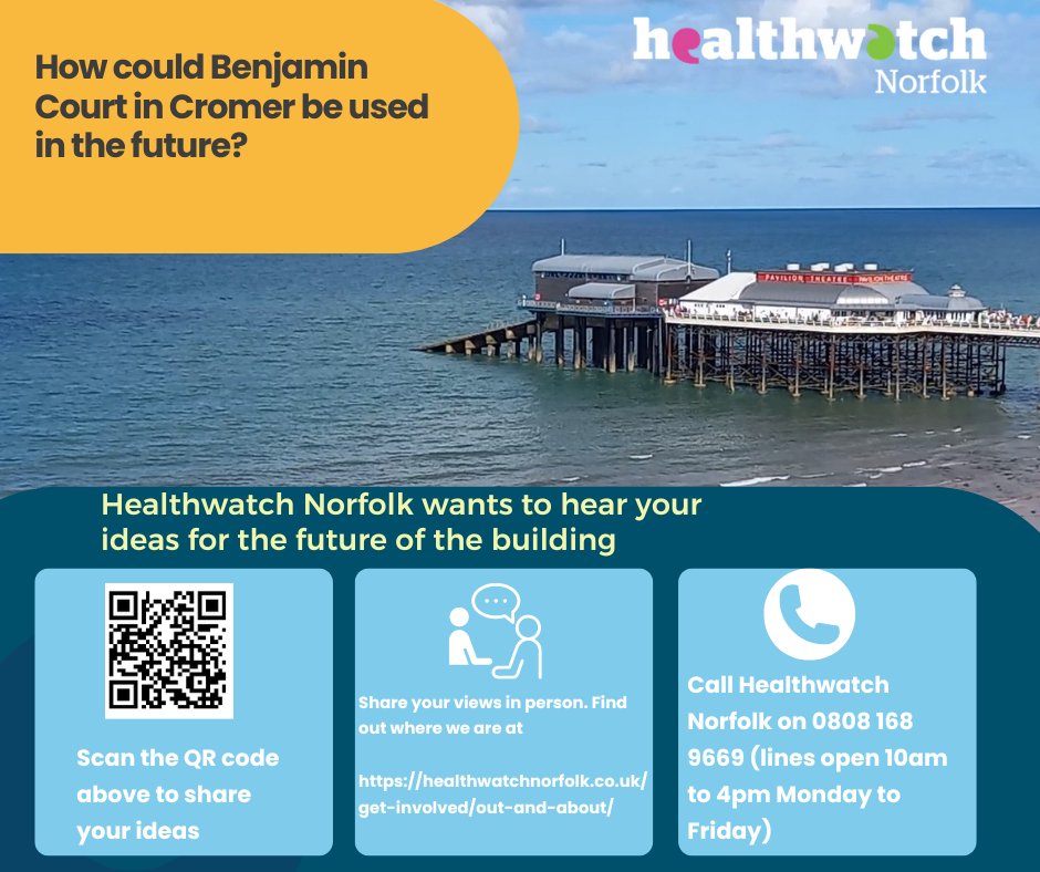We have been asked by @nandwics to see what ideas people have for one of the buildings at Benjamin Court in Cromer. Find out more and how to have your say at healthwatchnorfolk.co.uk/get-involved/t…