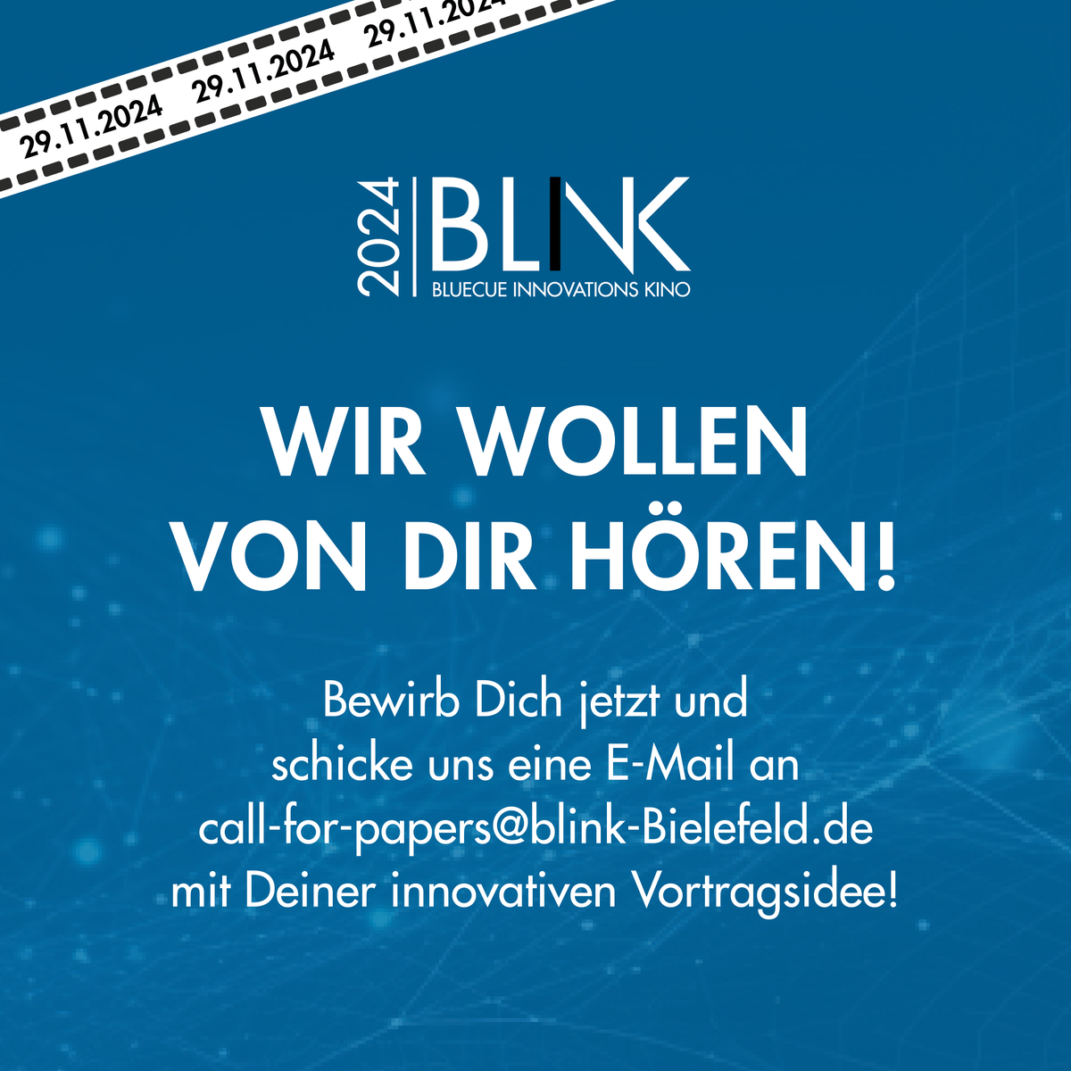 Wir bieten inspirierenden Speakern die Möglichkeit, ihre Ideen auf unserer einzigartigen BLINK Kinobühne zu teilen. 
Mach mit beim #BLINK2024! 🎤💡🚀
#bluecue #digitalstrategies #digitalisierung #innovation #callforpapers #AI #KI #robotik #cybersecurity #IoT #erneuerbareenergie