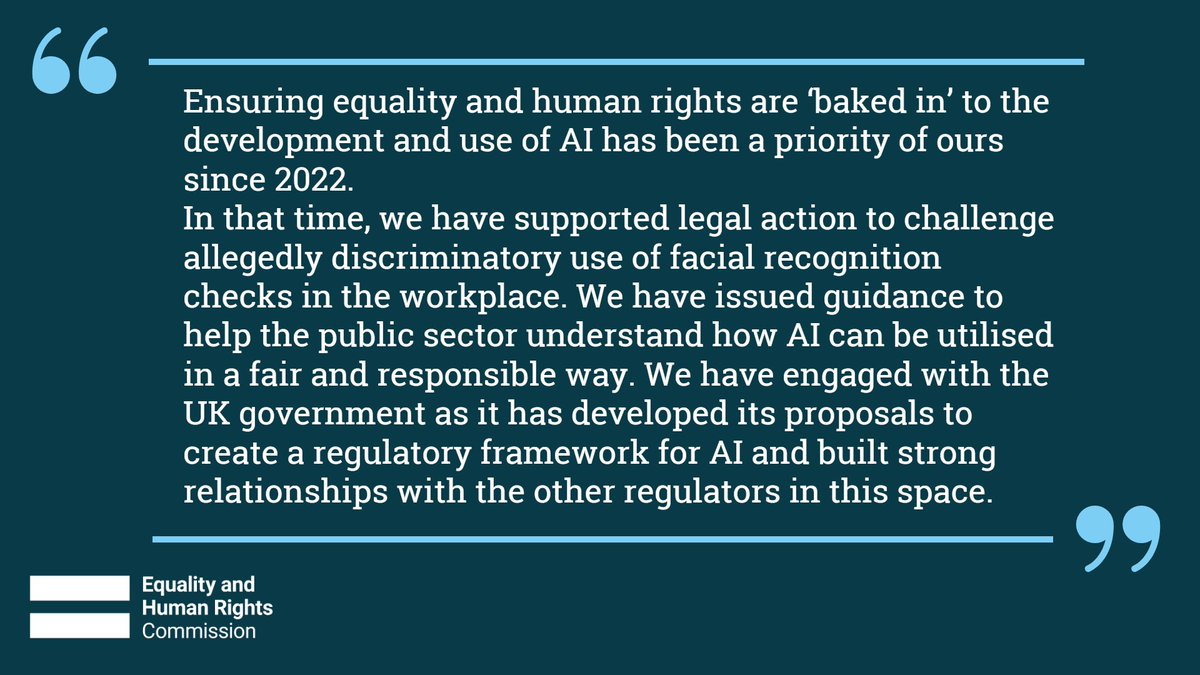 As Britain’s equality watchdog and a National Human Rights Institution, we have an important role in supporting responsible, fair innovation and use of artificial intelligence. Read about our approach to regulating AI and the work we've done since 2022: orlo.uk/T6ifa