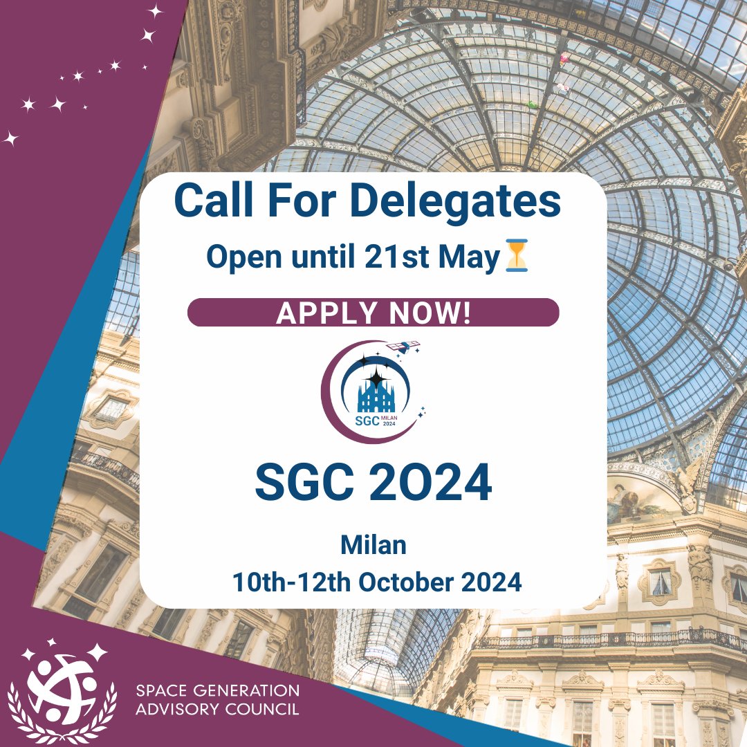 🚀 Reminder: Don't forget, you can still apply to join us at the 22nd Space Generation Congress in Milan🎉 Don't miss out on this unforgettable event - delegate applications are OPEN, apply and secure your spot today👉: spacegeneration.org/sgc2024/apply-…