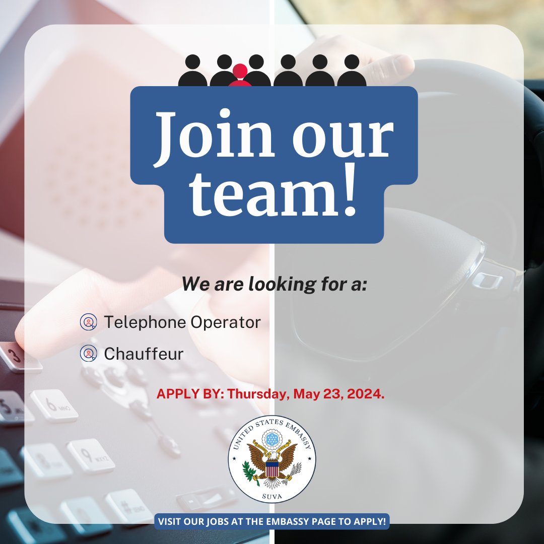 📣 Vacancy Announcement 📣 Join our team as a: ▪️ Telephone Operator ▪️ Chauffeur ℹ️ For more information and to apply, visit: fj.usembassy.gov/jobs/