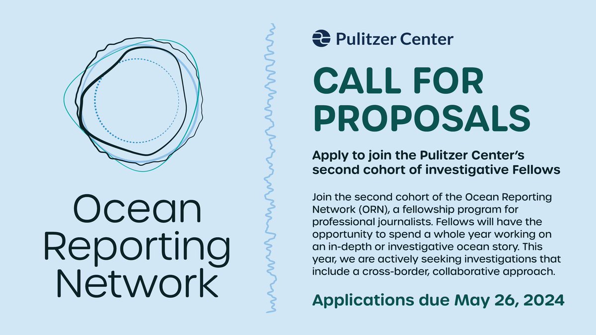 APPLY: @pulitzercenter's @Ocean_ORN invites journalists with a proven track record of environmental investigations to apply for the second cohort of its fellowship program. 🗓️ Deadline: 26 May. Details: bit.ly/ORNfellowship